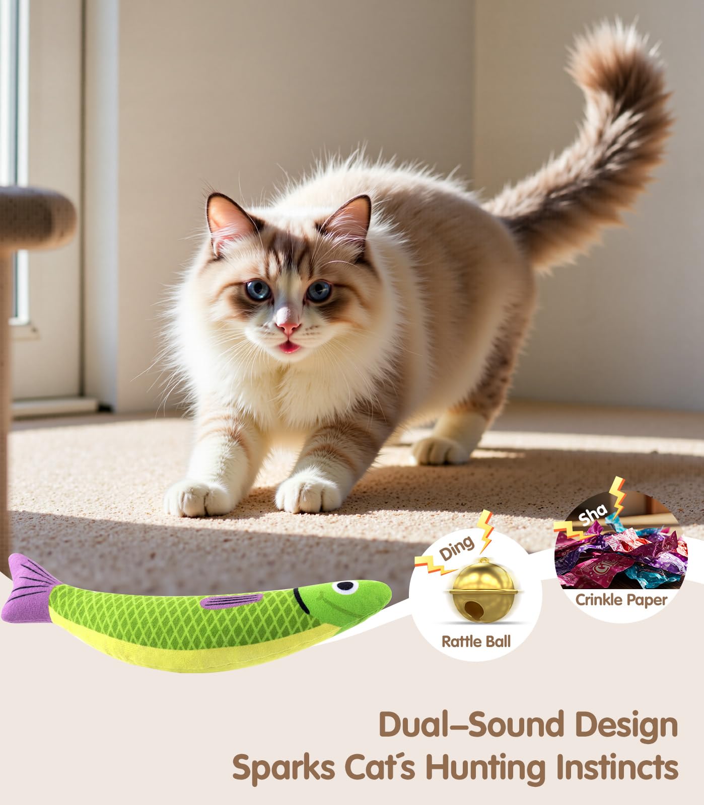 PetBusy Cat Toys with[5000mg A+Natural Catnip &Silvervine] [Baby Grade] Interactive Soft Chew Kicker Cat Toys for Indoor Cats & Kittens, [Crinkle &Bell] Fish Sound Toy, Drives Bored Cat Crazy with Fun