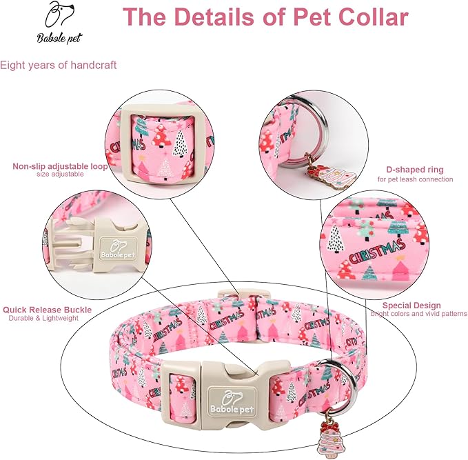 Babole Pet Christmas Dog Collar for Puppy Small Dogs - Cute Xmas Tree Print Pink Christmas Collars for Dogs, Soft Adjustable Winter Holiday Dog Collars with Quick Release Buckle XS
