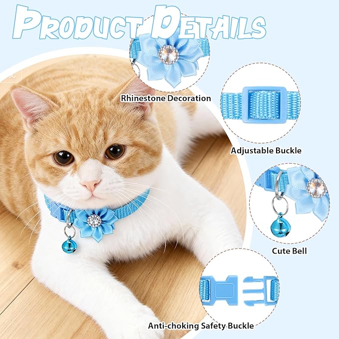Tweruna 6 PCS Flower Kitten Collar with Bell, Adjustable Cute Cat Collar with Rhinestone for Female, Breakaway Small Kitten Collars, 6 Colors