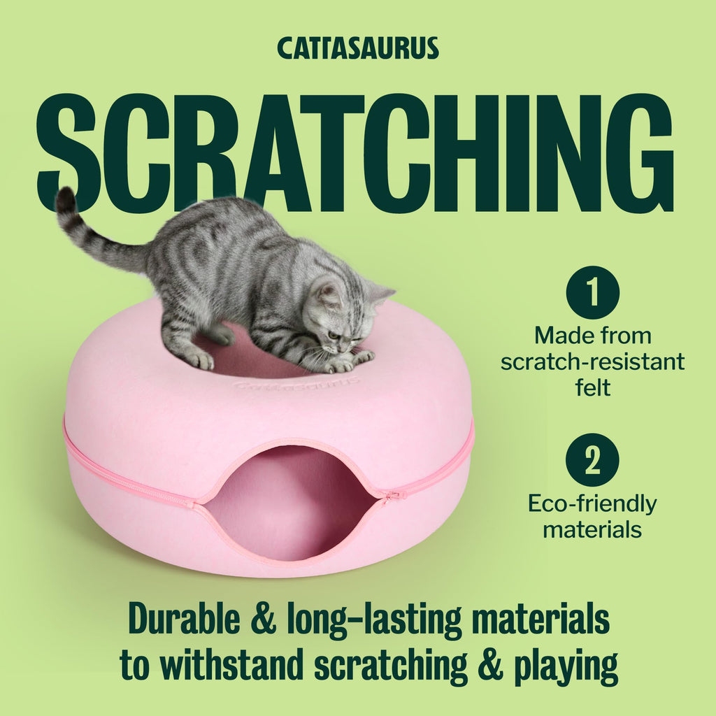 Cattasaurus Peekaboo Cat Cave Donut for Multiple & Large Cats up to 30-45 lbs, 3-in-1 Self Warming Cat Bed, Tunnel & Scratcher for Indoor Cats, Washable & Detachable Small Dog Bed (Pink, Large)