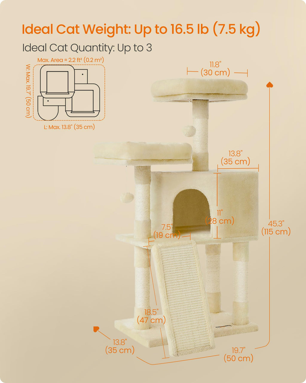 Feandrea Cat Tree, 45.3-Inch Cat Tower, Plush Condo Scratching Post, Beige