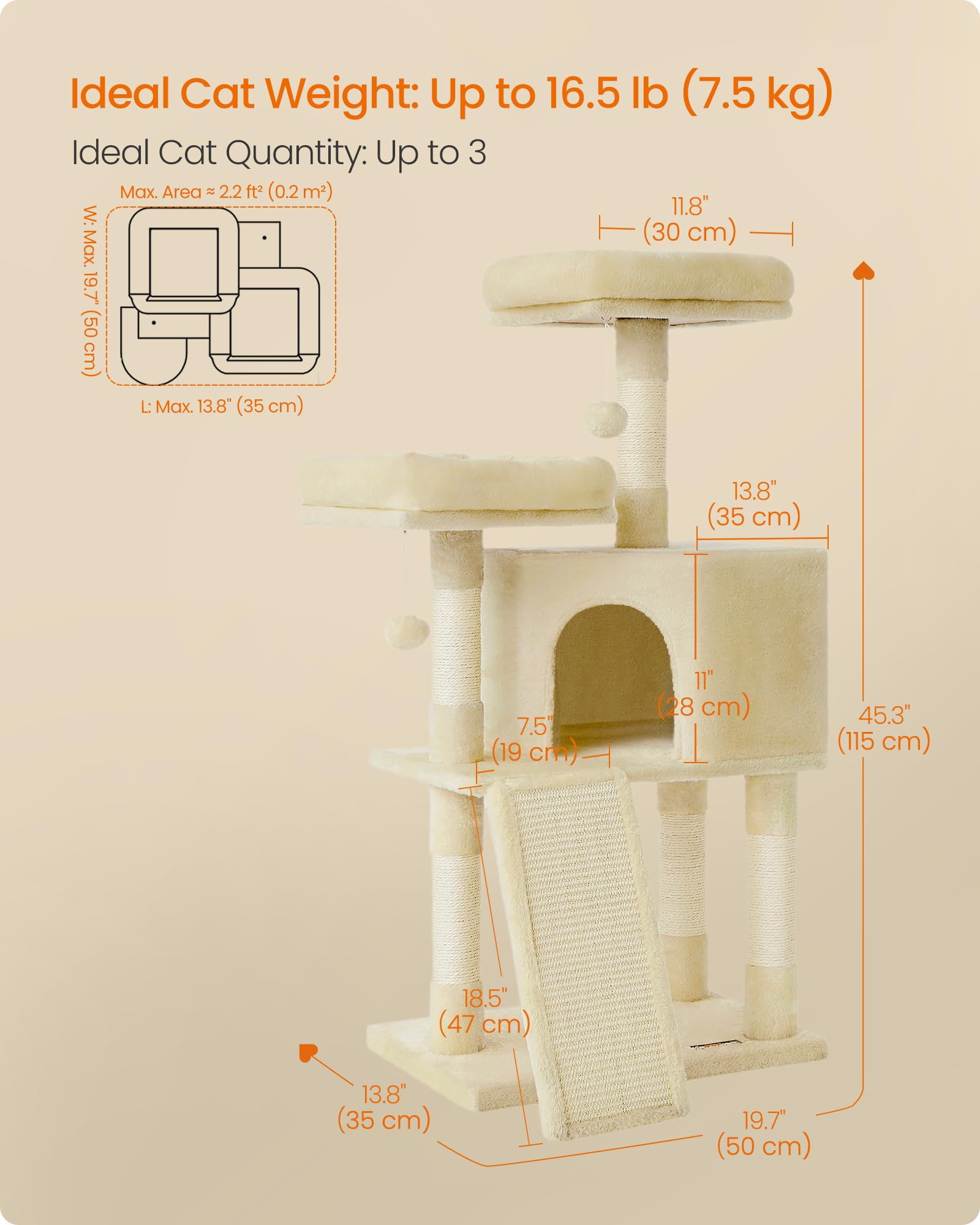 Feandrea Cat Tree, 45.3-Inch Cat Tower, Plush Condo Scratching Post, Beige