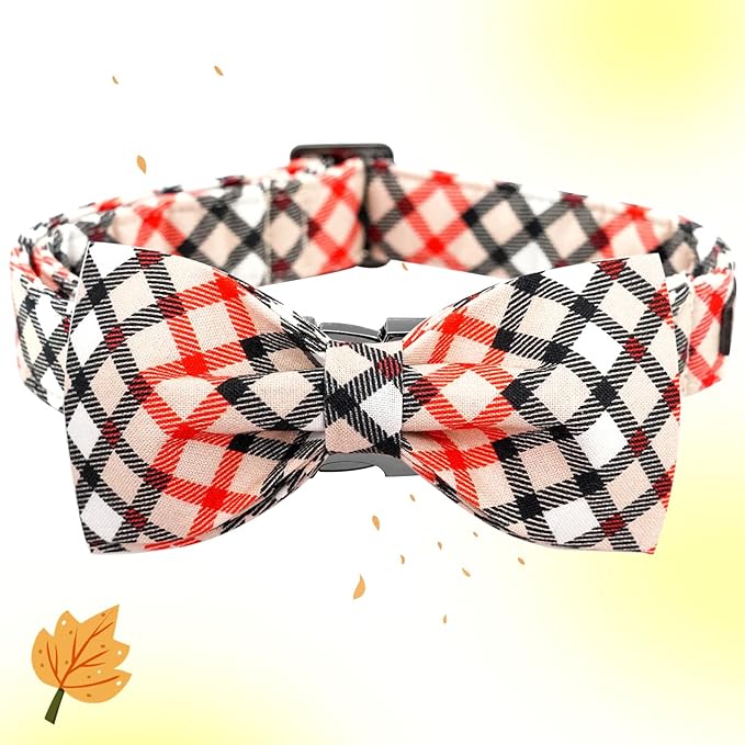 Bobo Rainbow Dog Collar, Bow Dog Collar Beige Plaid Pet Collar Cute Pet Bow Soft Girl or Boy Puppy Collars with Metal Buckle Adjustable Collars for X-Small Dogs