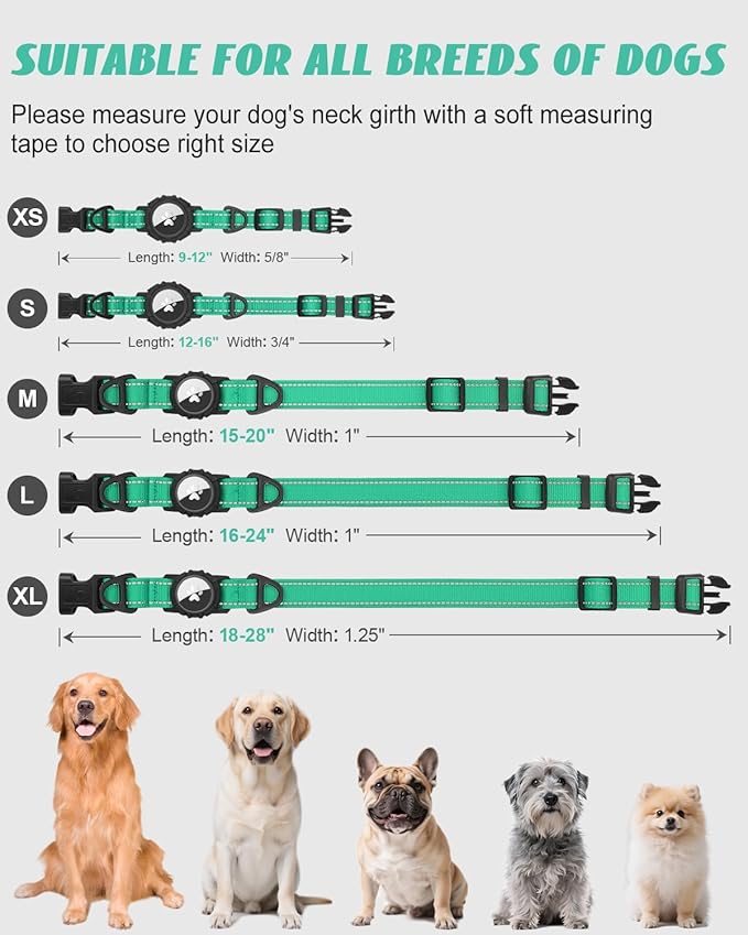 Joytale Airtag Dog Collar, Reflective Pet Collar with Waterproof AirTag Holder, Dual D-Rings, Soft Padded Adjustable for Extra Large Dogs, Teal, XL