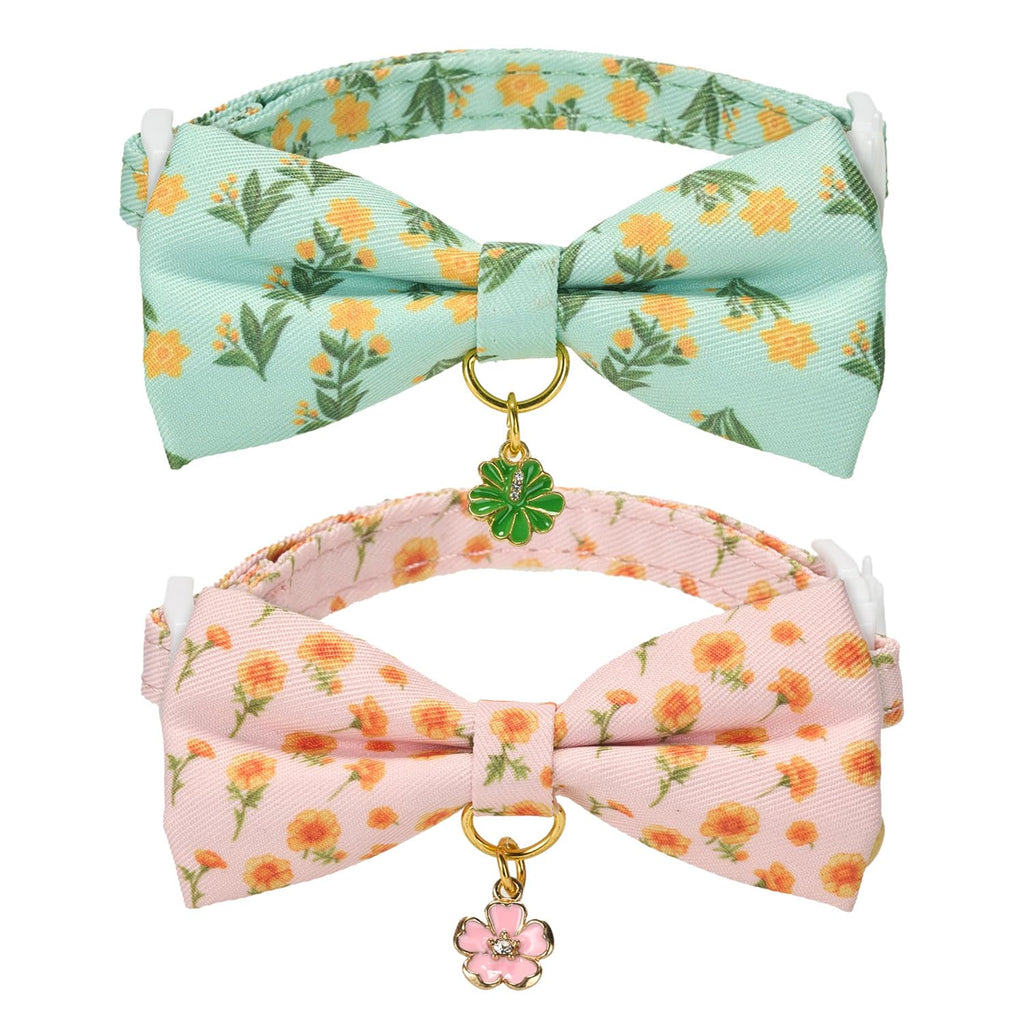 Ewinoom 2 Pack Floral Cat Collars with Bow Tie and Bell Adjustable Breakaway Bowtie Cute Kitten Collar(Green & Yellow Flowers)