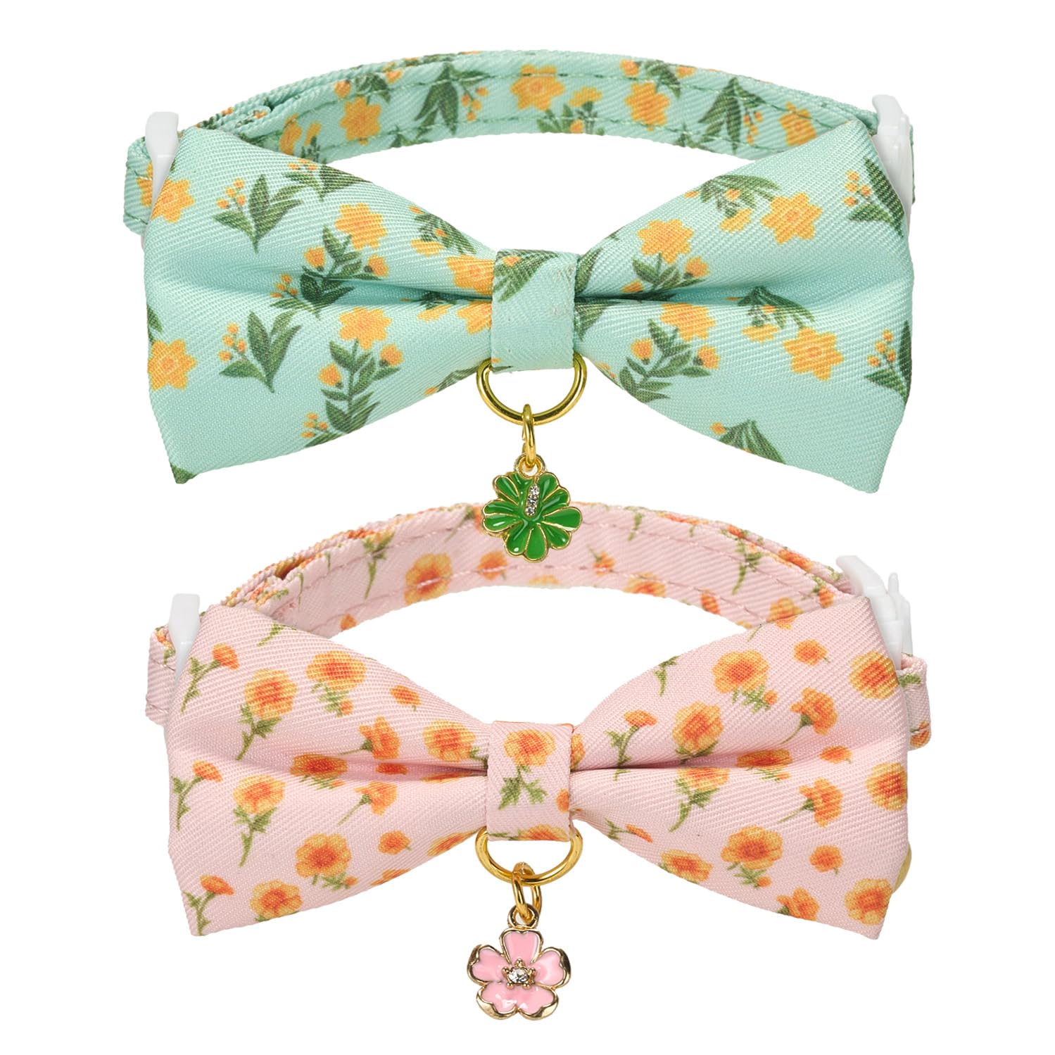 Ewinoom 2 Pack Floral Cat Collars with Bow Tie and Bell Adjustable Breakaway Bowtie Cute Kitten Collar(Green & Yellow Flowers)
