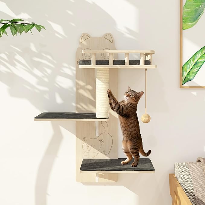HHOFURN Cat Wall Shelves, 3 Platform Kitten Wall Furniture, DIY for Painting Cats Scratching Post with Sisal Scratching Post and Ball Toy