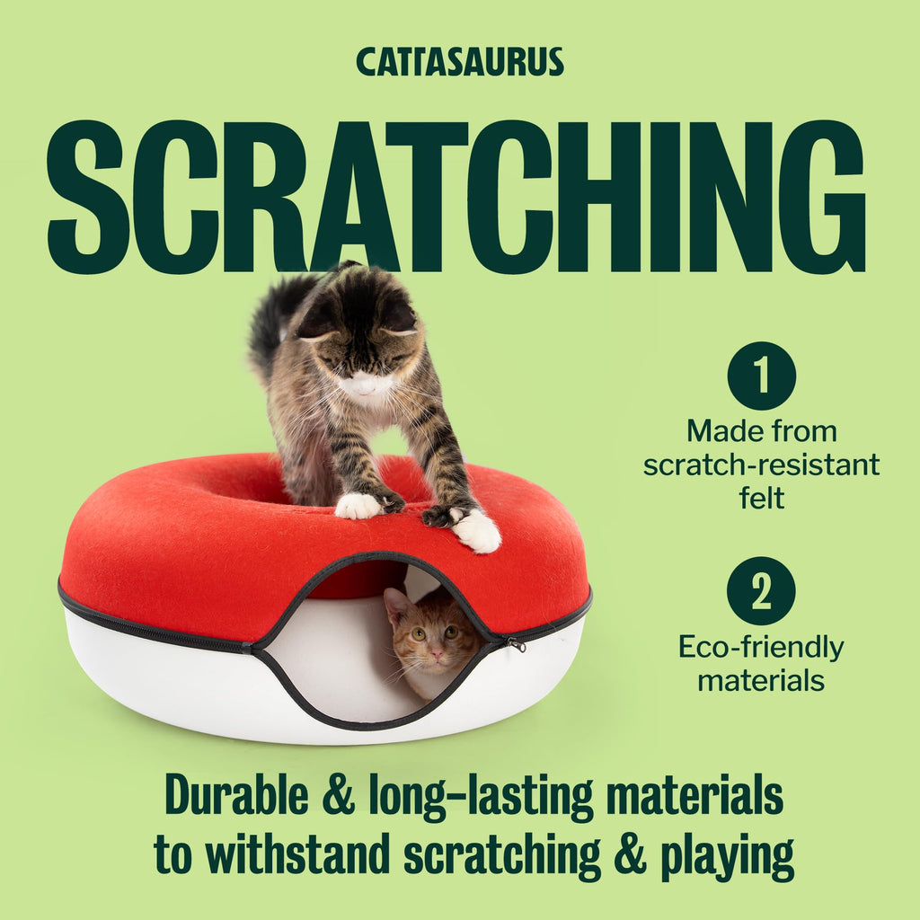 Cattasaurus Peekaboo Cat Cave, Extra Spacious for Multiple & Large Cats 12+ lbs, Scratch Detachable Cat Beds for Indoor Cats, Washable Tunnel Bed, Comfy Donut Tunnel (Ruby Snowball, Jumbo)
