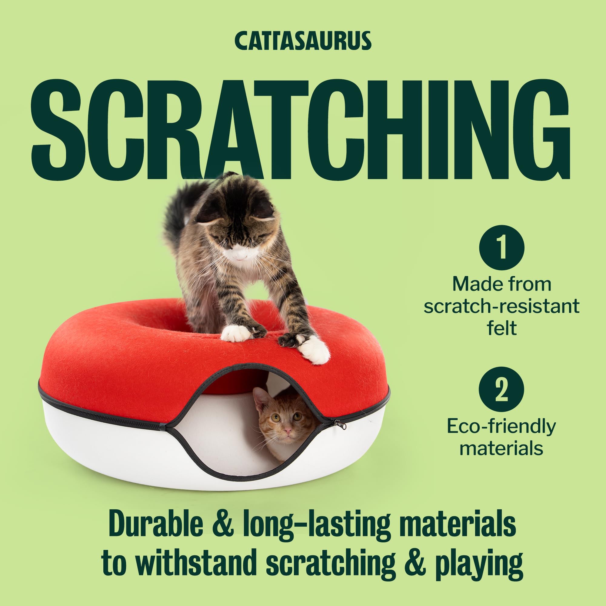 Cattasaurus Peekaboo Cat Cave, Extra Spacious for Multiple & Large Cats 12+ lbs, Scratch Detachable Cat Beds for Indoor Cats, Washable Tunnel Bed, Comfy Donut Tunnel (Ruby Snowball, Jumbo)
