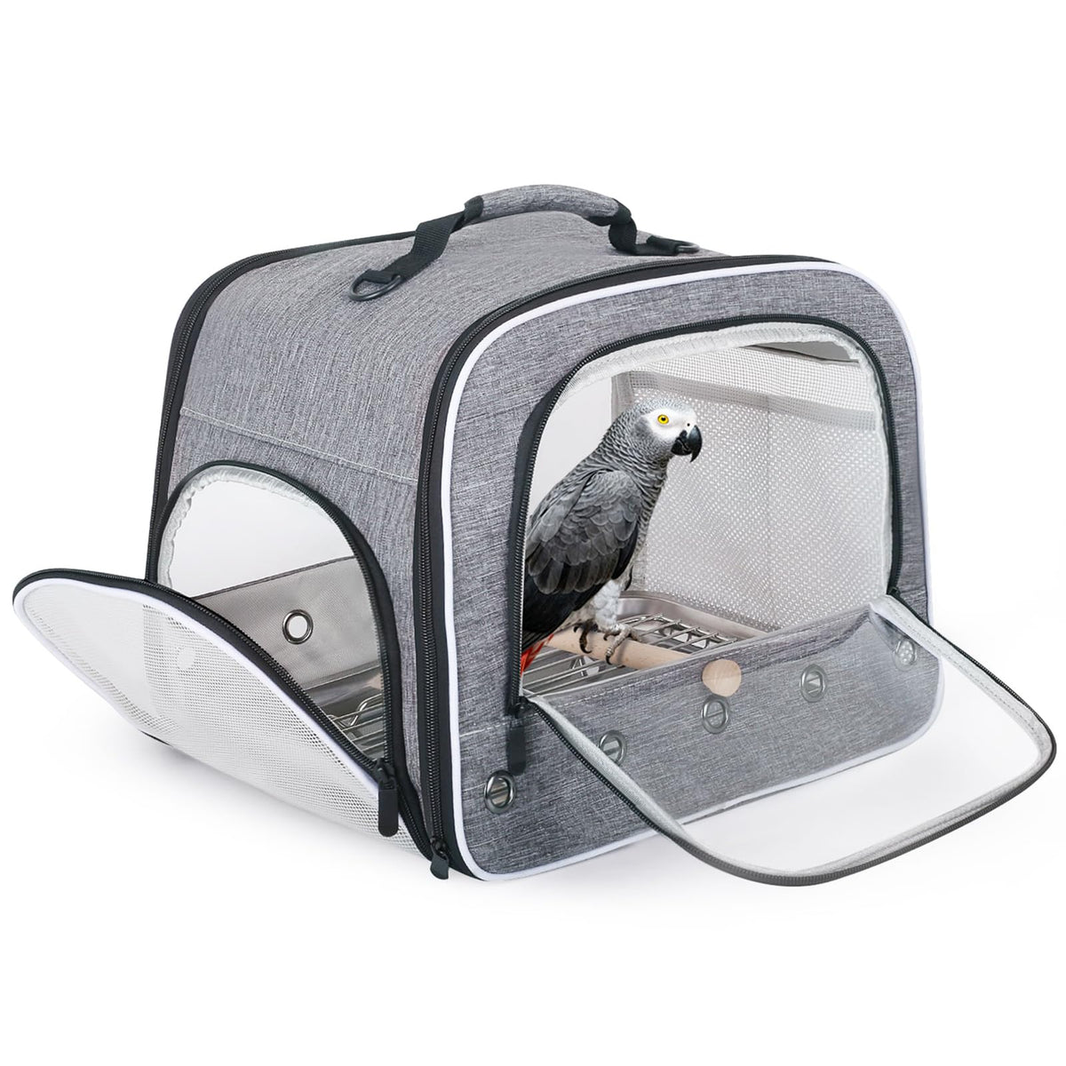 Cylindrical Portable Bird Carrier Travel Cage with Stands and Tray (Grey, Medium Carrier)