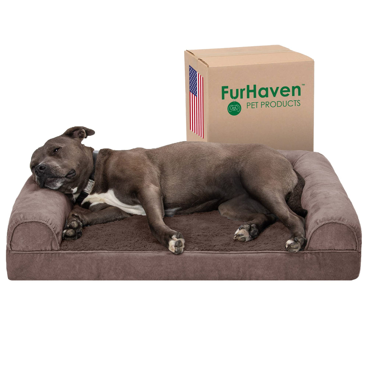 Furhaven Orthopedic Dog Bed for Large/Medium Dogs w/ Removable Bolsters & Washable Cover, For Dogs Up to 55 lbs - Faux Fur & Velvet Sofa - Dark Sage, Large
