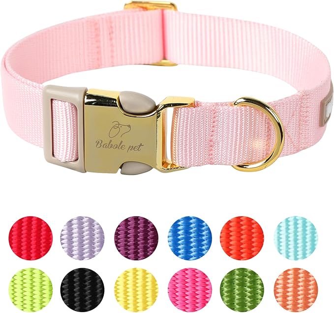 Babole Pet Nylon Dog Collar - Adjustable Pink Soft Webbing Dog Collars for Small Medium Large Dogs Boy Girl Puppy Collar with Safety Metal Buckle M