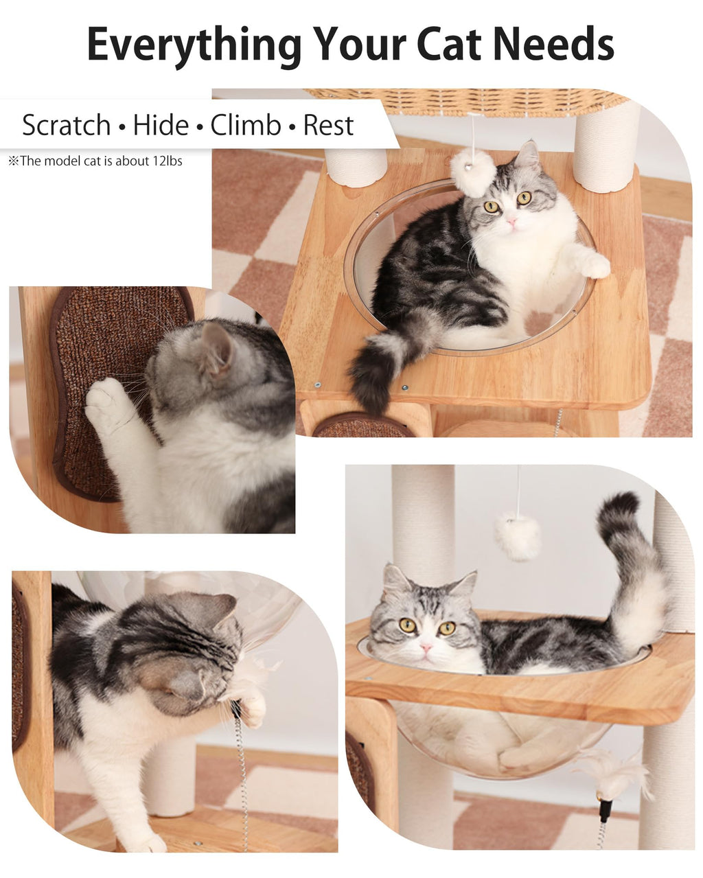PETTIFUL Wood Cat Tree for Large Cats, Modern Cat Tree Tower with Wide Shelves Cotton Scratching Posts, Super Sturdy Base, Cozy Perches, and Interactive Toys for Indoor Kittens 31-Inch