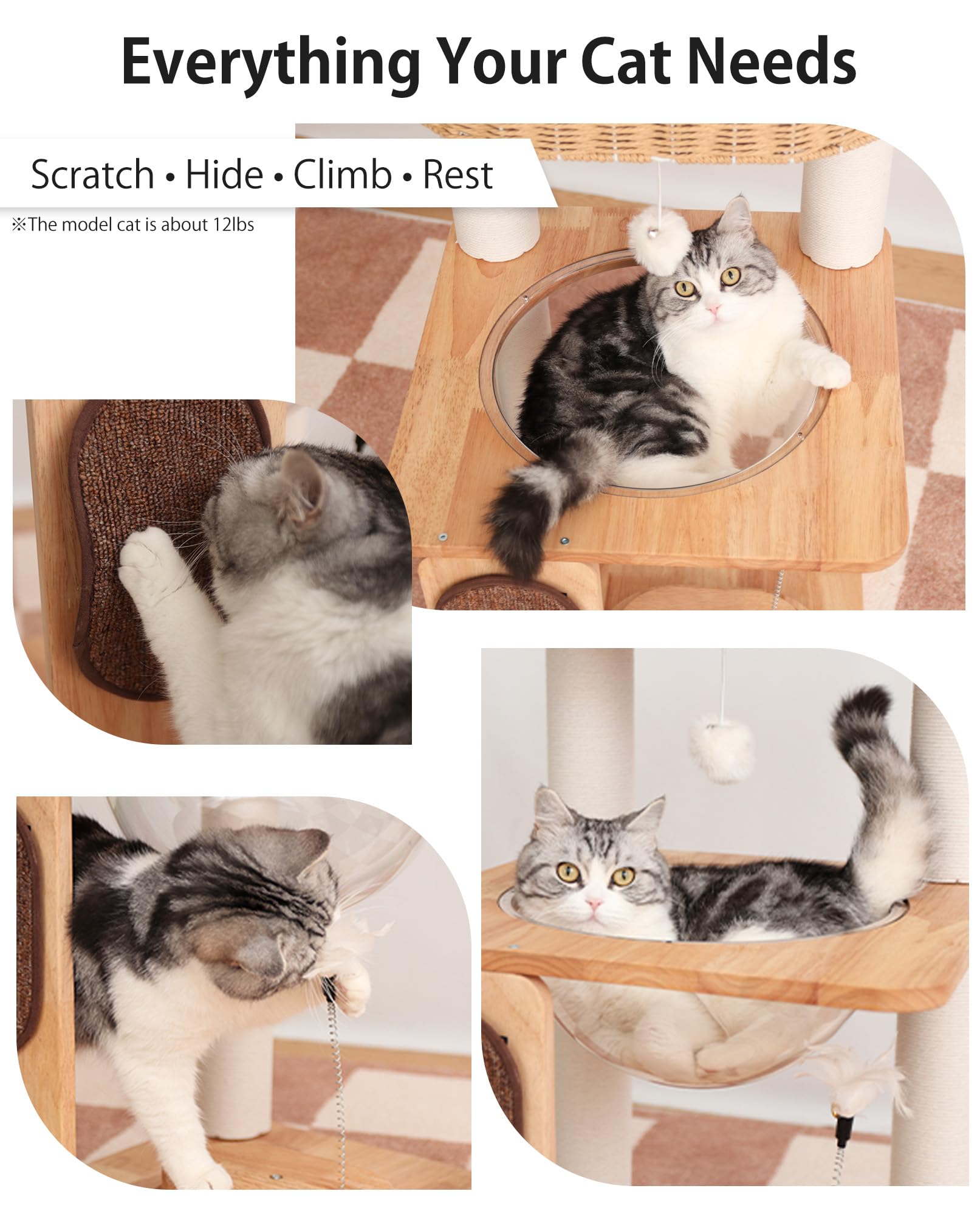 PETTIFUL Wood Cat Tree for Large Cats, Modern Cat Tree Tower with Wide Shelves Cotton Scratching Posts, Super Sturdy Base, Cozy Perches, and Interactive Toys for Indoor Kittens 31-Inch