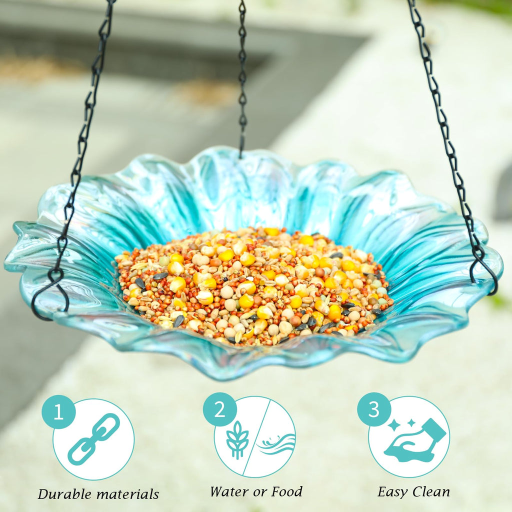 VCUTEKA Hanging Bird Bath Outdoor Glass Birdbaths Feeder for Garden Decor