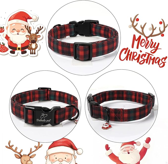 Babole Pet Christmas Dog Collar for Puppy Small Dogs - Vintage Red Green Tartan Christmas Collars for Dogs, Soft Adjustable Winter Holiday Dog Collars with Quick Release Buckle XS
