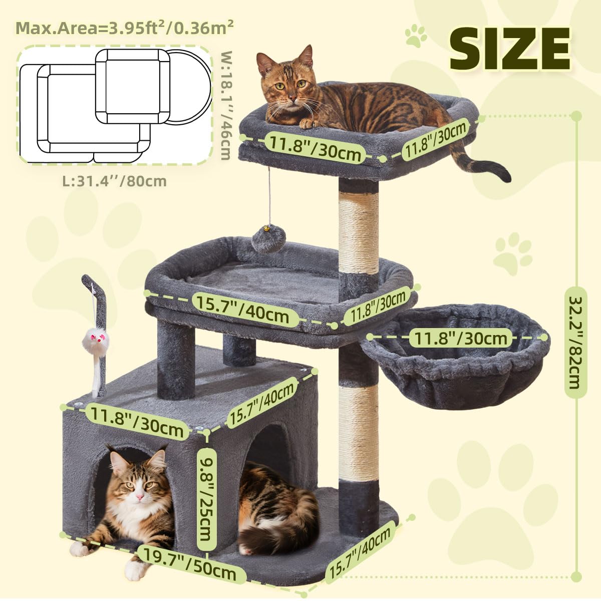 Taoqimiao 32.2in Cat Tree with Toy, Small Cat Tower for Indoor Cats, MS043G