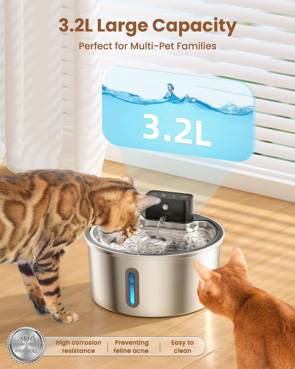 PawPoll Wireless Cat Water Fountain Stainless Steel - 3.2L/108oz Cordless Pet Water Fountain Battery Operated Cat Water Dispenser Ultra Silent Rechargeable Water Fountains for Cats and Dogs