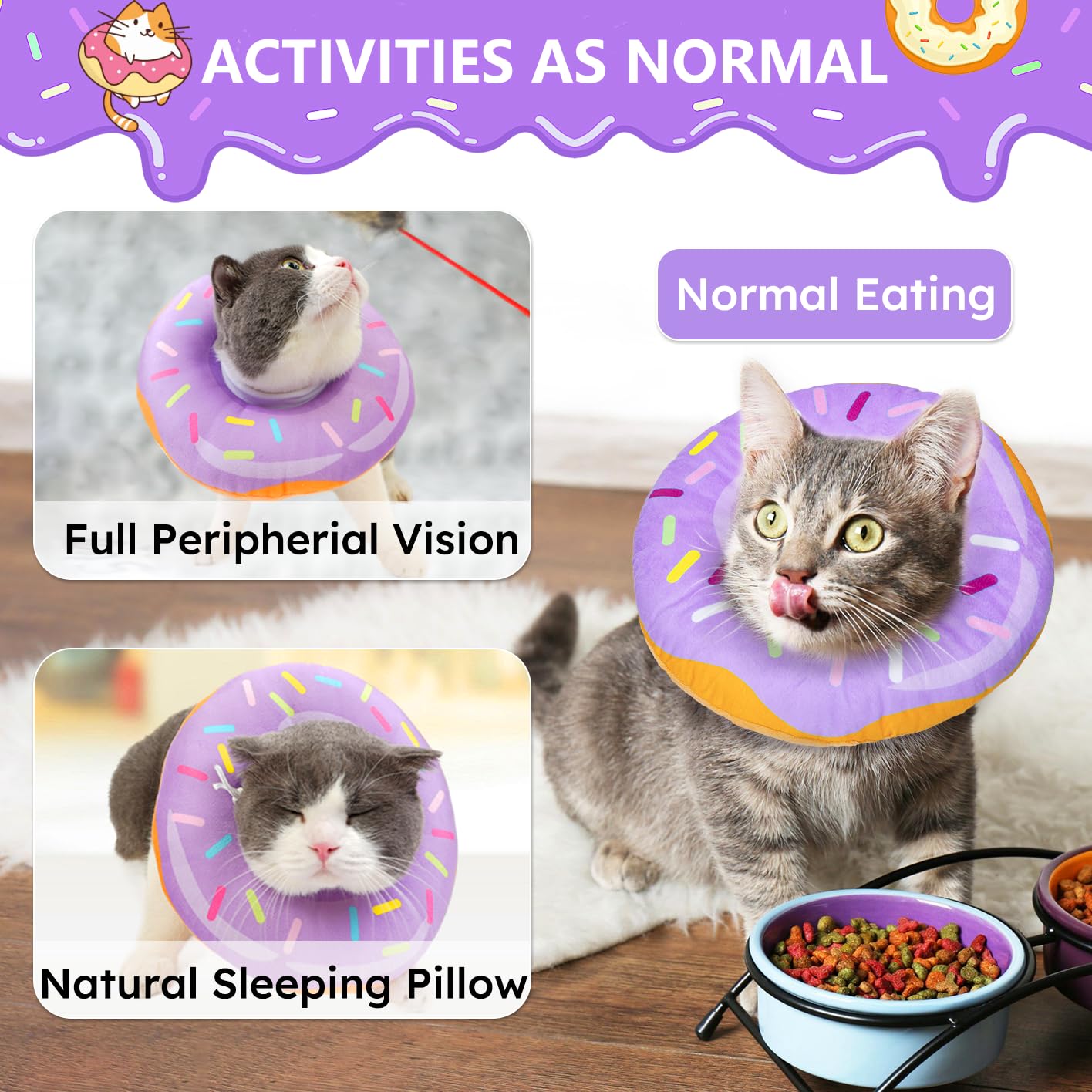 Cat Cone Collar Soft, Cat Recovery Collar for Wound Healing Cute Donut Adjustable Kitten Cones to Stop Licking Comfortable Lightweight Neck Elizabethan Collars for Kittens After Surgery