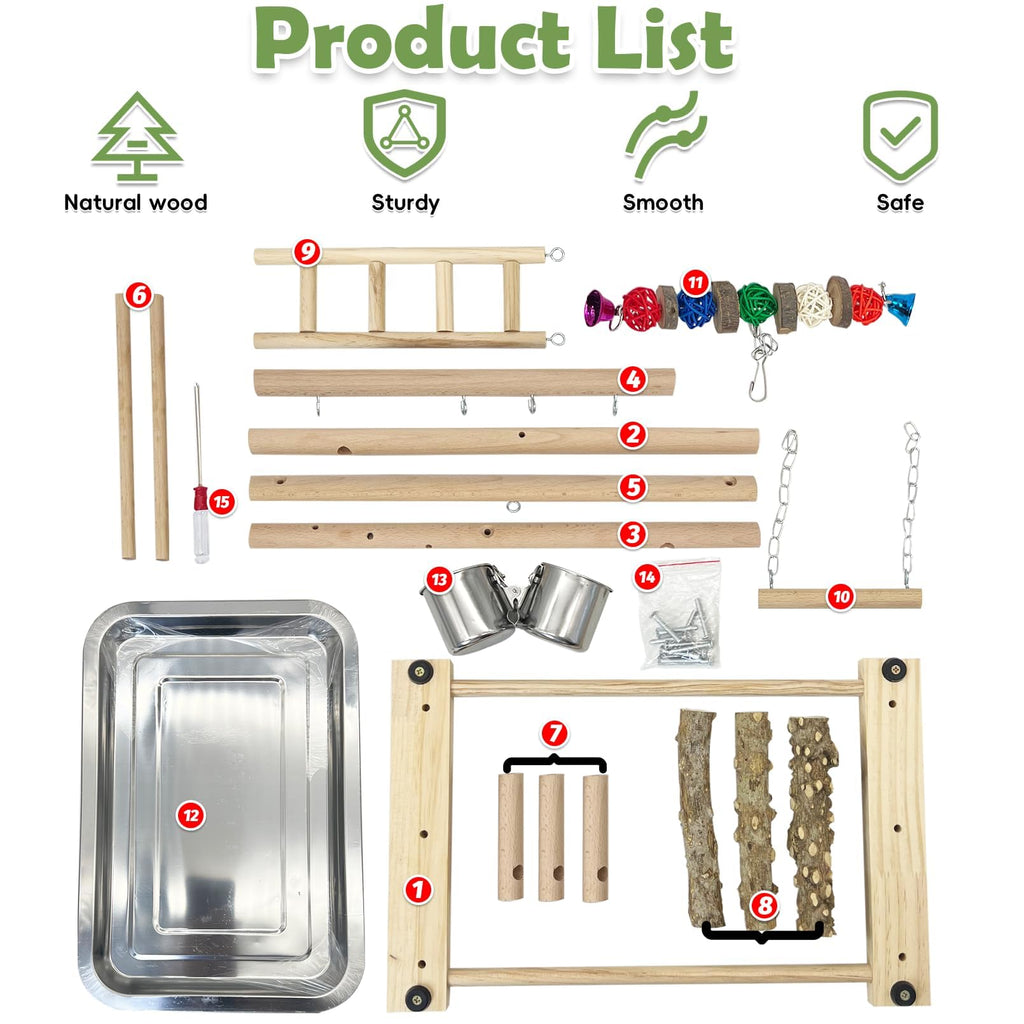kathson Bird Playground Parrot Perch Stand Toys, Birds Wood Play Gym Activity Center Exercise Playpen Ladder Swing with Feeder Cups Chewing Toy(Include a Tray)