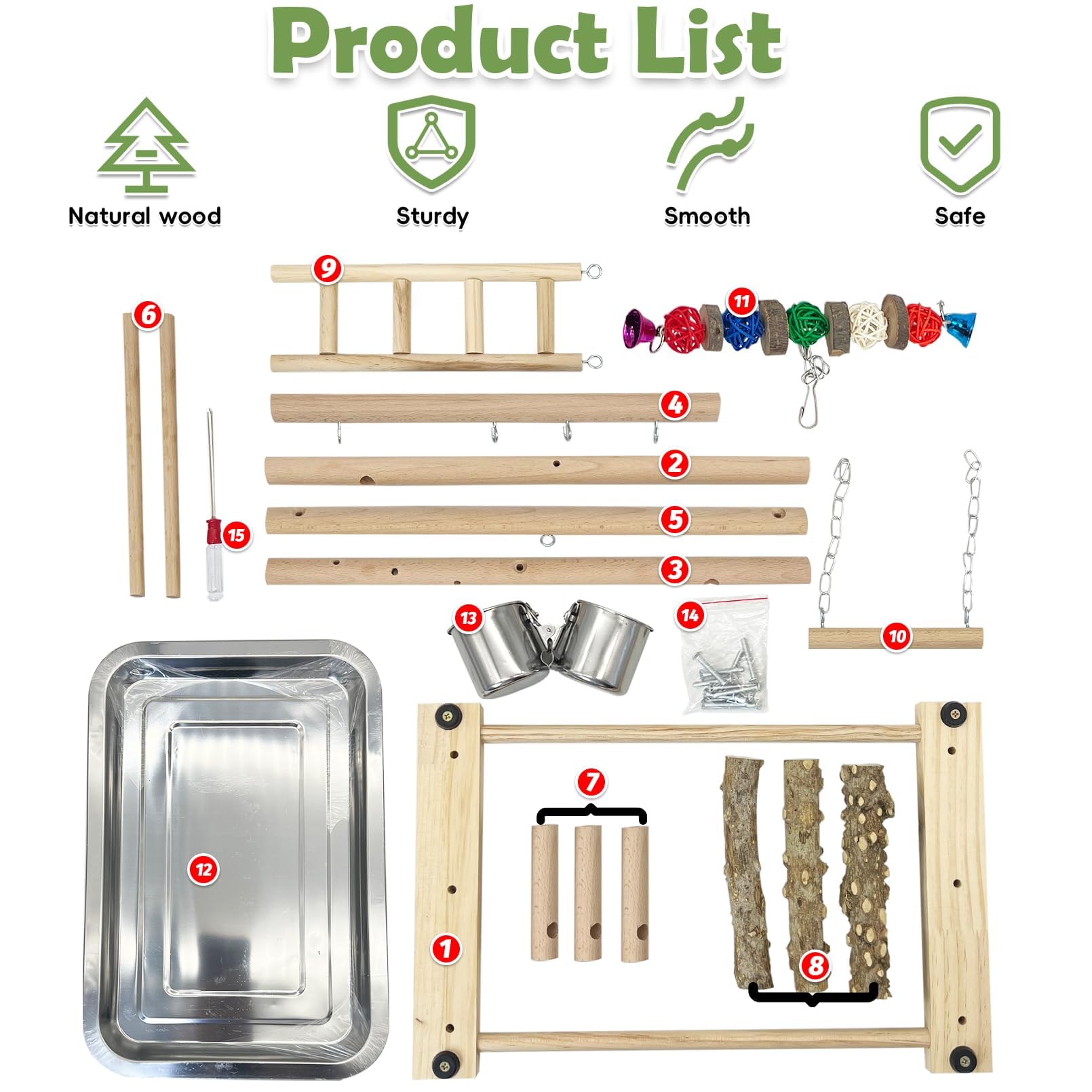 kathson Bird Playground Parrot Perch Stand Toys, Birds Wood Play Gym Activity Center Exercise Playpen Ladder Swing with Feeder Cups Chewing Toy(Include a Tray)