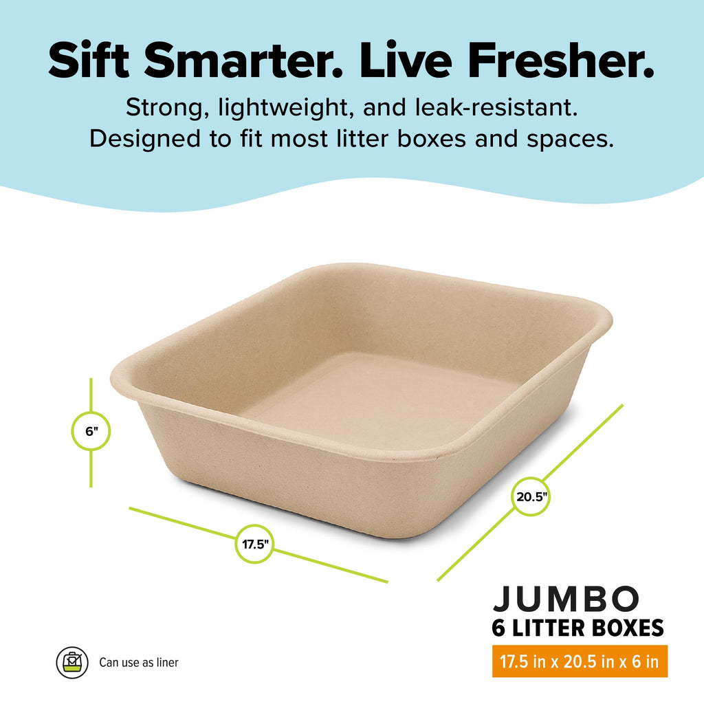 Kitty Sift Disposable Cat Litter Box Jumbo, 6 Count, Durable and Portable for Travel and Home, Eco-Friendly Disposable Litter Box Controls Odor