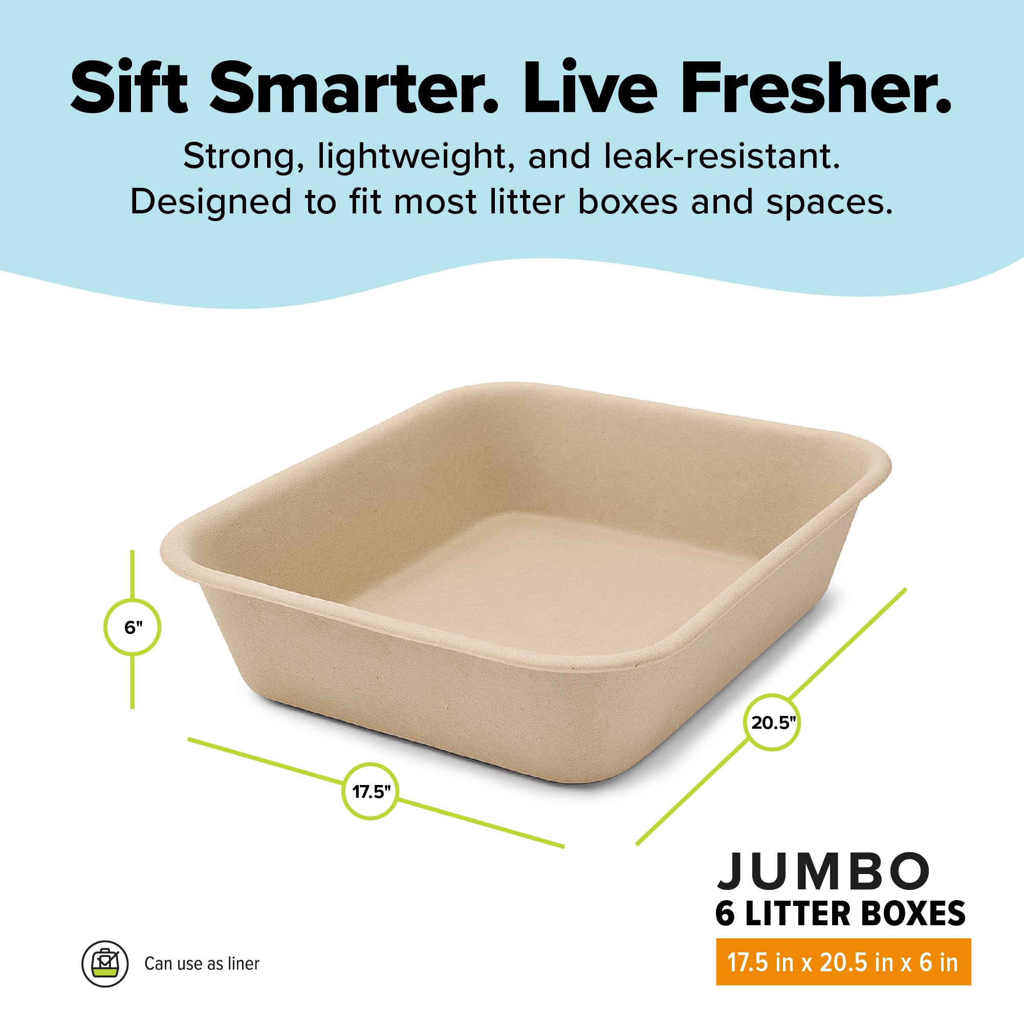 Kitty Sift Disposable Cat Litter Box Jumbo, 6 Count, Durable and Portable for Travel and Home, Eco-Friendly Disposable Litter Box Controls Odor