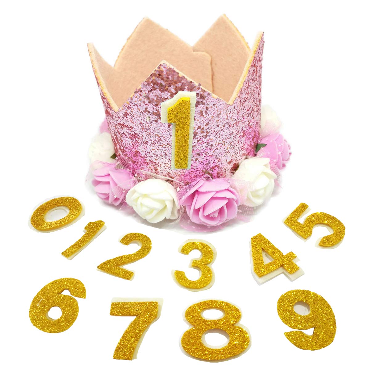 PET SHOW Pink Crown Hat Dog Birthday Party Supplies for Girls Female Pets Small Medium Large Dogs Cats Birthday Hat and Plaid Bandana with 0-9 Numbers and Glue