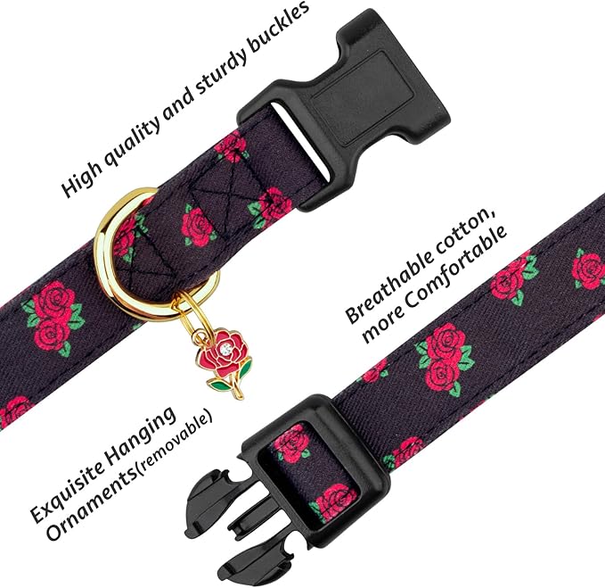 Cotton Handmade Dog Collar Cute and Distinctive Patterns Black Rose with Pendant for Girl Boy Dogs Collars L