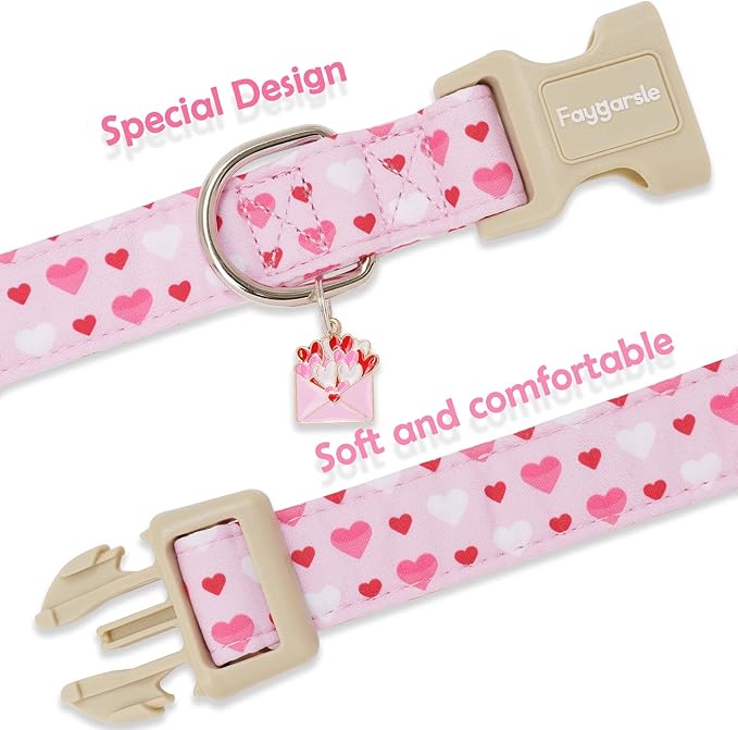 Faygarsle Valentine's Day Dog Collar, Pink with Red and White Hearts Pattern, Heart Charm, M