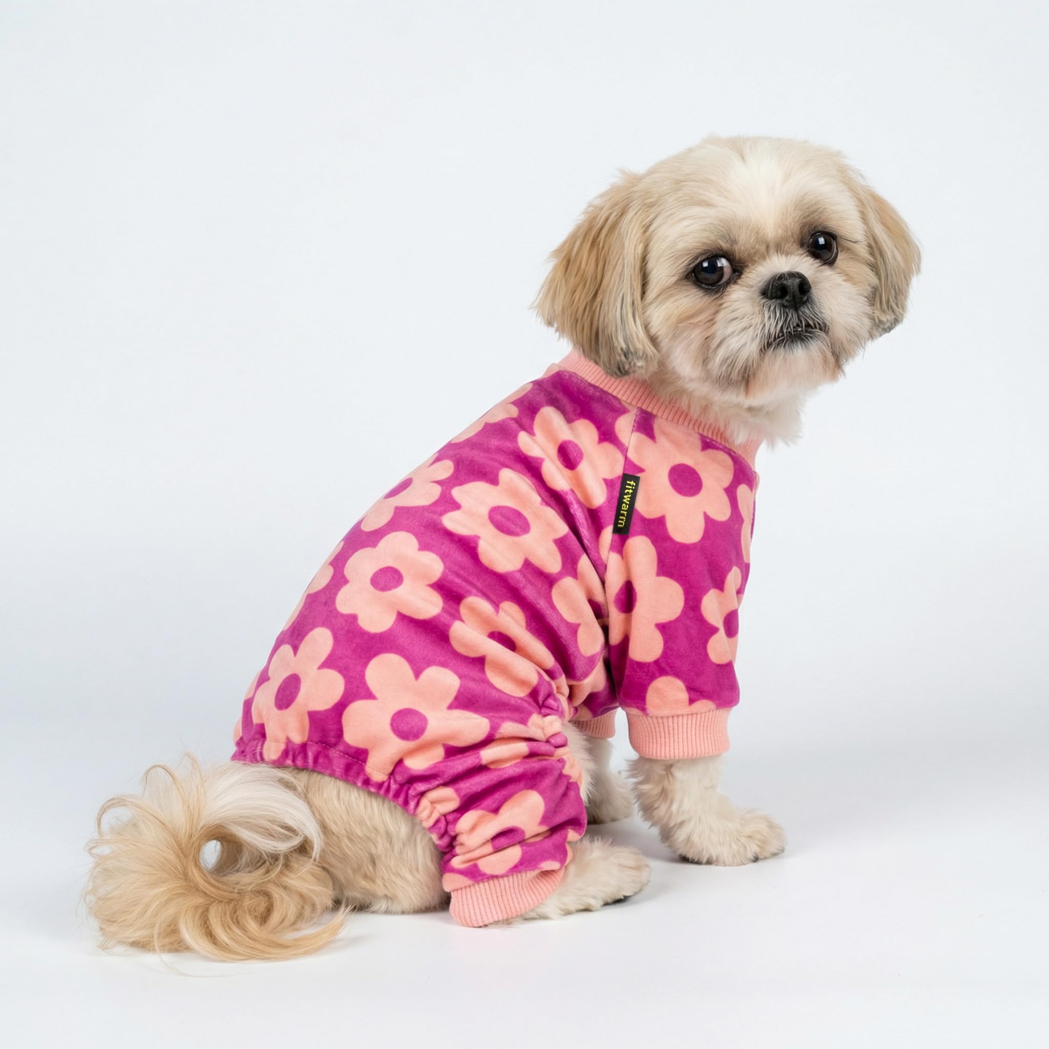 Fitwarm Flower Fleece Dog Pajamas, Warm Winter Dog Clothes for Small Dogs Girl, Cozy Pet Onesie with Feet, Pink, Small