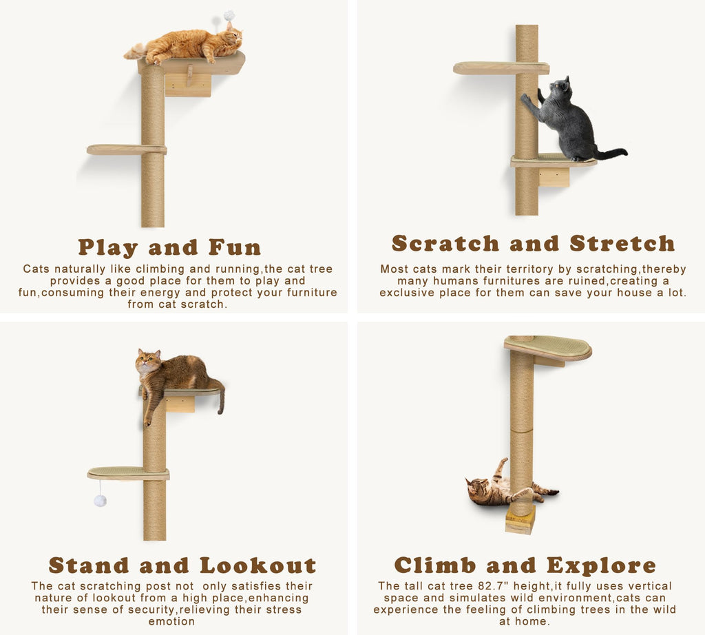Wild Simulation Cat Tree for Kittens, 5-Level Floor to Ceiling Cat Wall Shelves with Sisal Mat Platforms, Rotating Wall-Mounted Climbing Tower for Scratch, Lookout & Perch