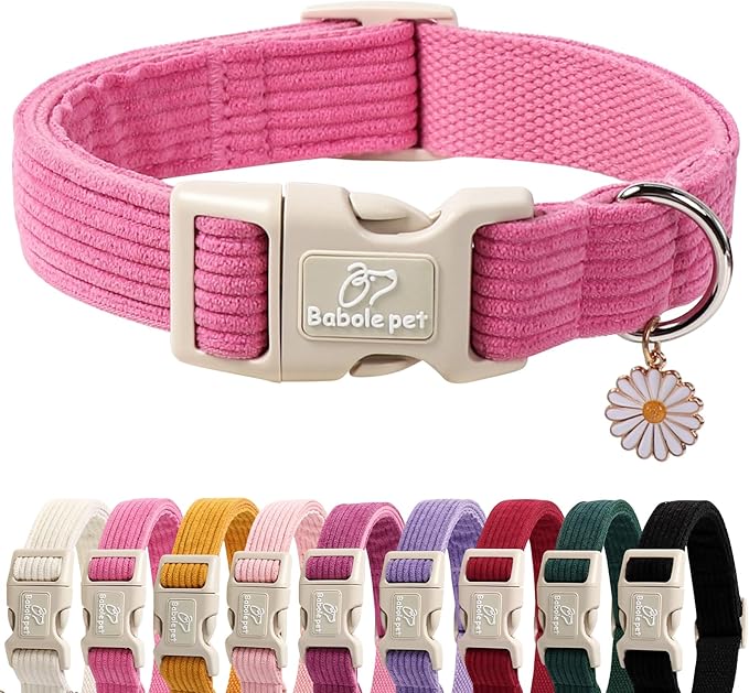 Babole Pet Cute Corduroy Dog Collar - Deep Rose Adjustable Dog Collars for Small Dogs 10-25lbs, Fade-Proof with Secure Snap & Little Charm, Christmas Birthday Gift, S