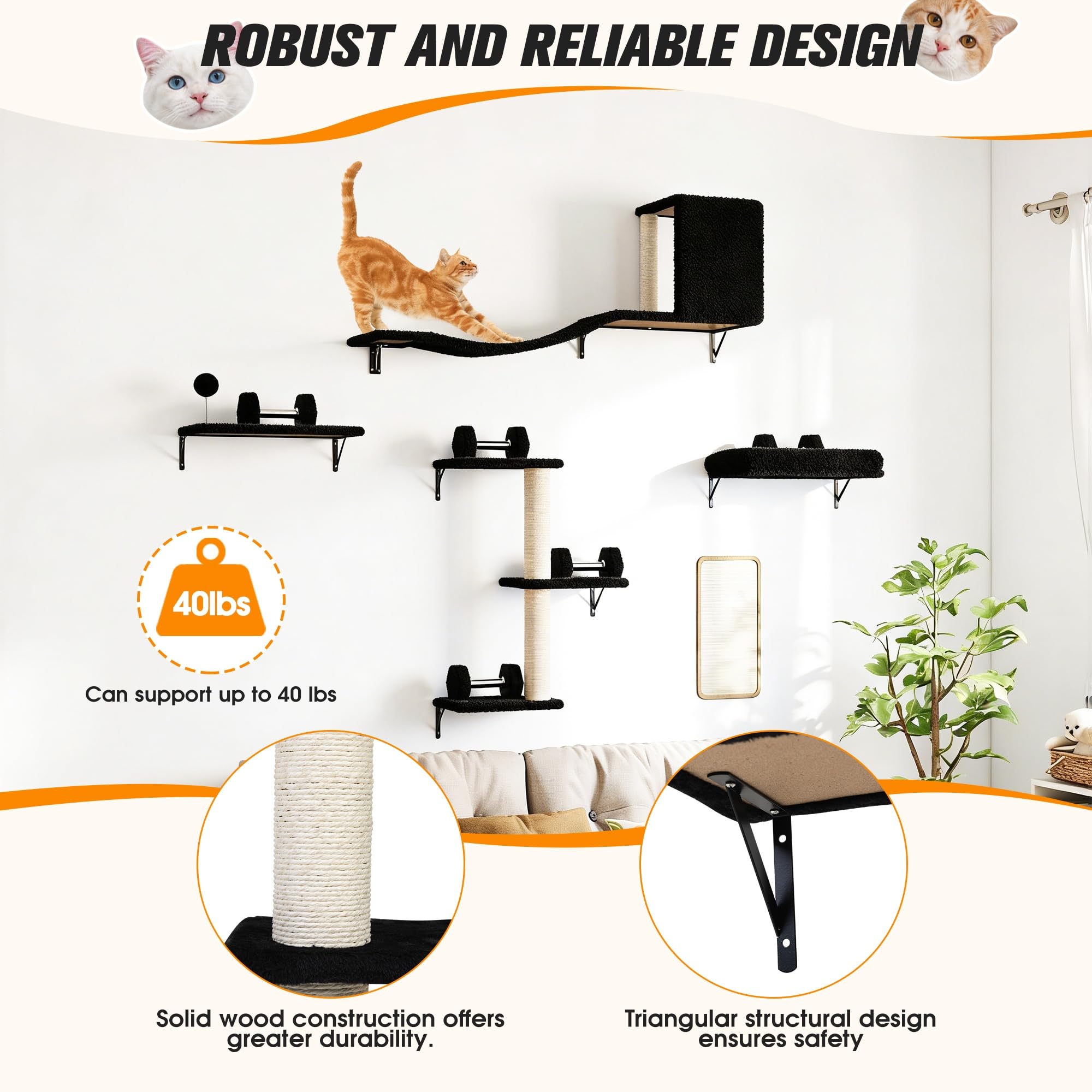 COZIWOW 5Pcs Wall Mount Cat Tree & Shelf Furniture for Large Cats, Black