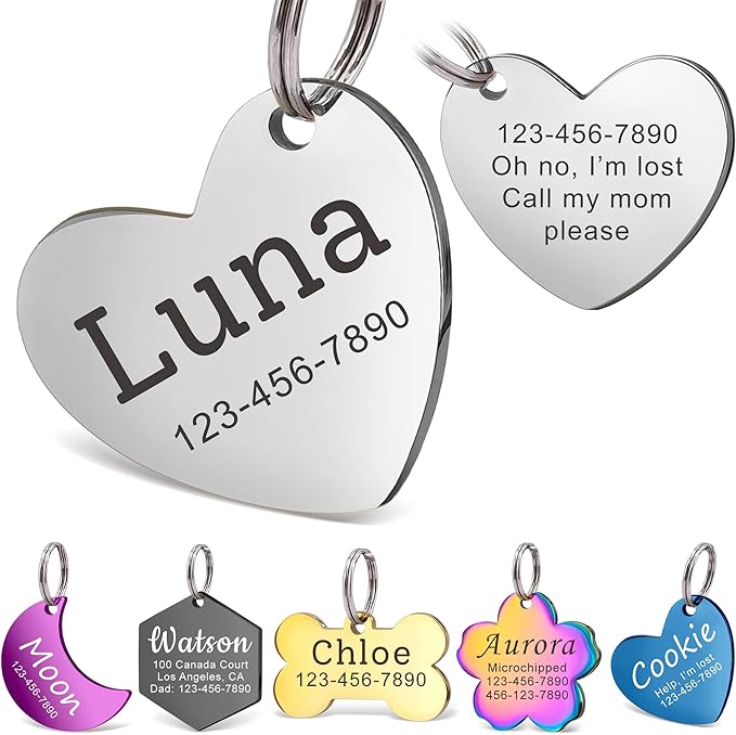 Anavia Personalized Pet ID Tags, Stainless Steel Glossy Laser Engraved Dog Cat Collar Name Tags, Multiple Colors Shapes Sizes (Tilted Heart, Regular)