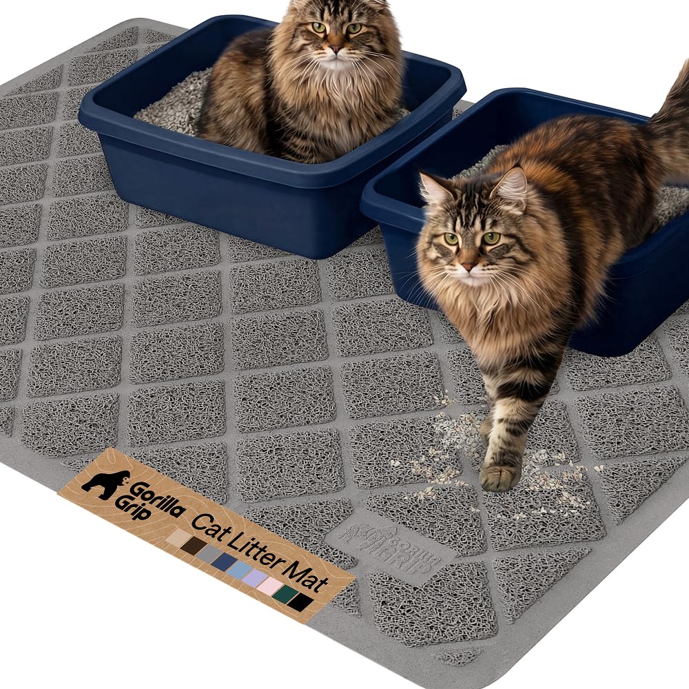GORILLA GRIP Cat Litter Box Mat, 47x35, Cushioned Coil Mesh Litter Trapping Mats, Scatter Control Supplies for Less Mess, Phthalate Free, Ultra Deep Catch Grooves, Rinse or Vacuum to Clean, Gray