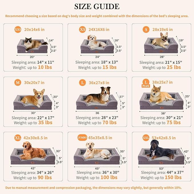 Comfort Expression Orthopedic Dog Bed for Large Dogs 36x27 Inch, Waterproof Supportive Egg Crate Foam Large Pet Bed with Removable Bolsters, Dog Couch with Washable Cover & Non-Slip Bottom, Purple
