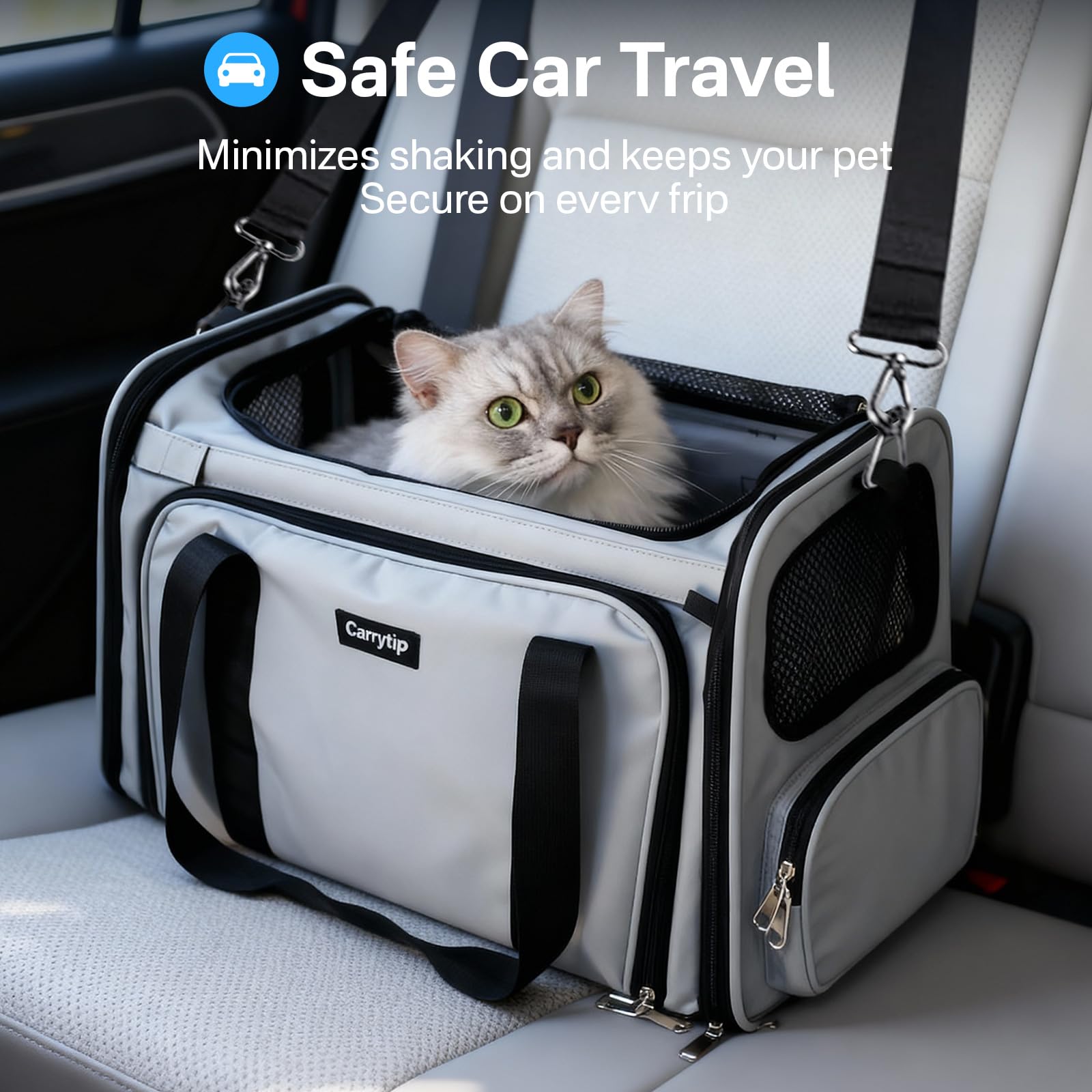 CarryTip Expandable Cat Carrier, Airline Approved Soft Sided Pet Carrier for Cats & Small Dogs Up to 15 lbs, with Locking Safety Zippers & Cozy Fleece Pad, Portable for Car & Vet Visits, Black
