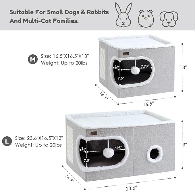Garnpet Cat Bed for Indoor Cats Cube House, Covered Cat Cave Beds & Furniture with Scratch Pad and Hideaway Tent, Cute Modern Cat Condo for Multi Small Pet Large Kitten Kitty, Large, Dark Grey