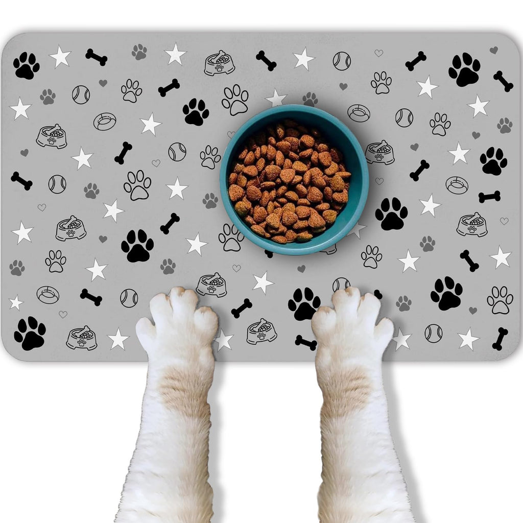 Dog Food Mat for Pet Cat Food Mat, Gray Absorbent Quick Dry Dog Bowl Mats for Food and Water, Non-Slip Cat Pet Feeding Mats for Floor Placemats 12"x20"