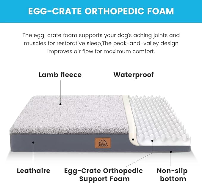 Sunheir Orthopedic Dog Beds for Small Dogs, Waterproof Puppy Bed with Removable Washable Cover, Non-Slip Bottom and Egg-Crate Foam, (Grey, 24.0" L x 16.0" W x 3.0" Th)