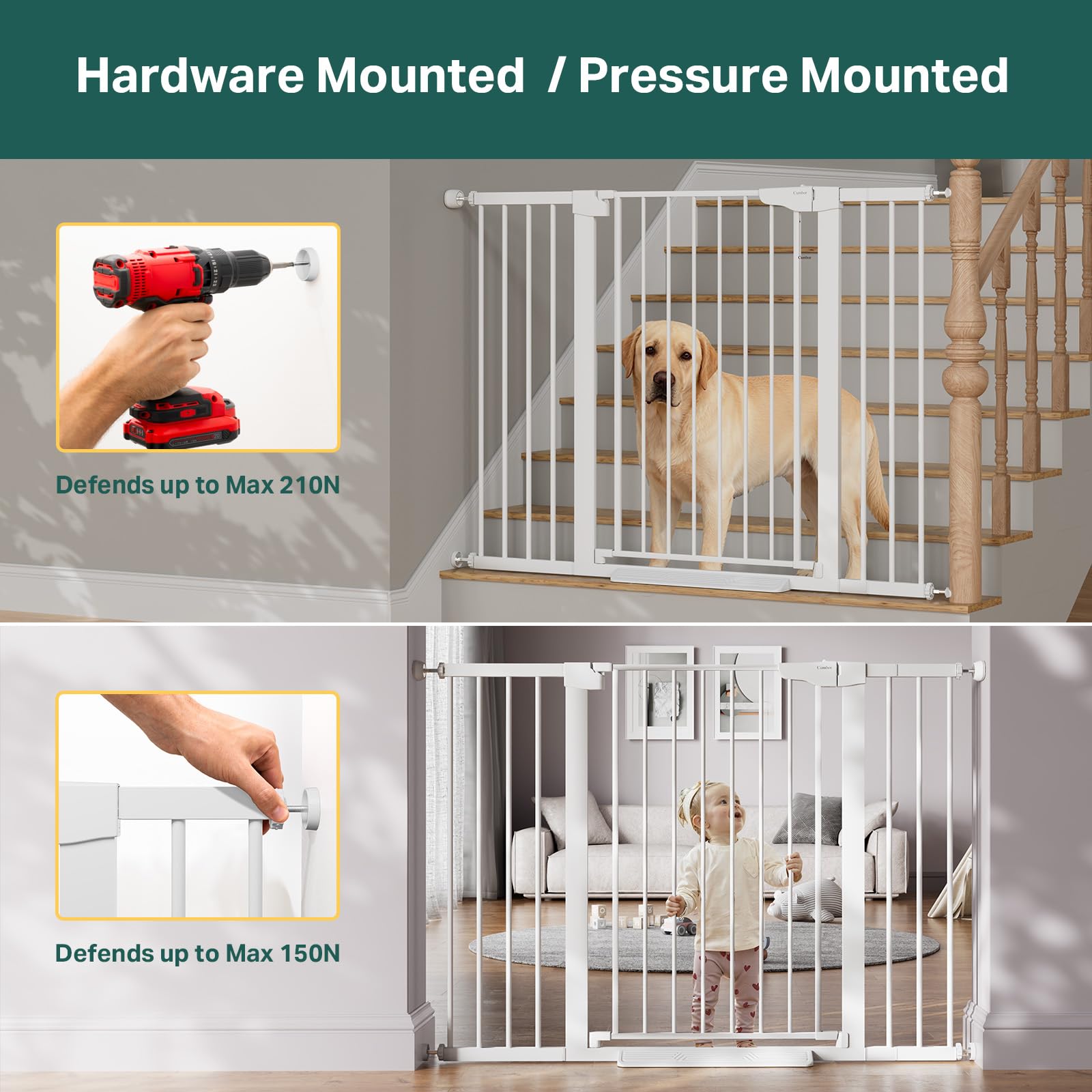 Cumbor 36 in Extra Tall Baby Gate for Stairs, 29.7-51.5 in Dog Gate White