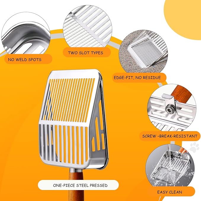 TabifurKitc Rustproof & Unbreakable 304 Stainless Steel Metal Cat Litter Scoop with Holder Stand, One-Piece Pressed Design with No Welds, Easy Bottom Scooping, Reinforced Anti-Break Handle