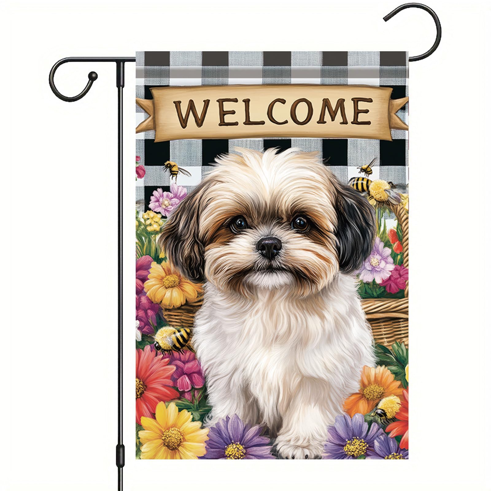 Starlit Patio Spring Summer Garden Flag Shih Tzu Dog Flag 12x18 Inch Double-Sided Cute Puppy Yard Banner Buffalo Plaid Floral Outdoor Decor for Porch Lawn Pathway Dog Lover Housewarming