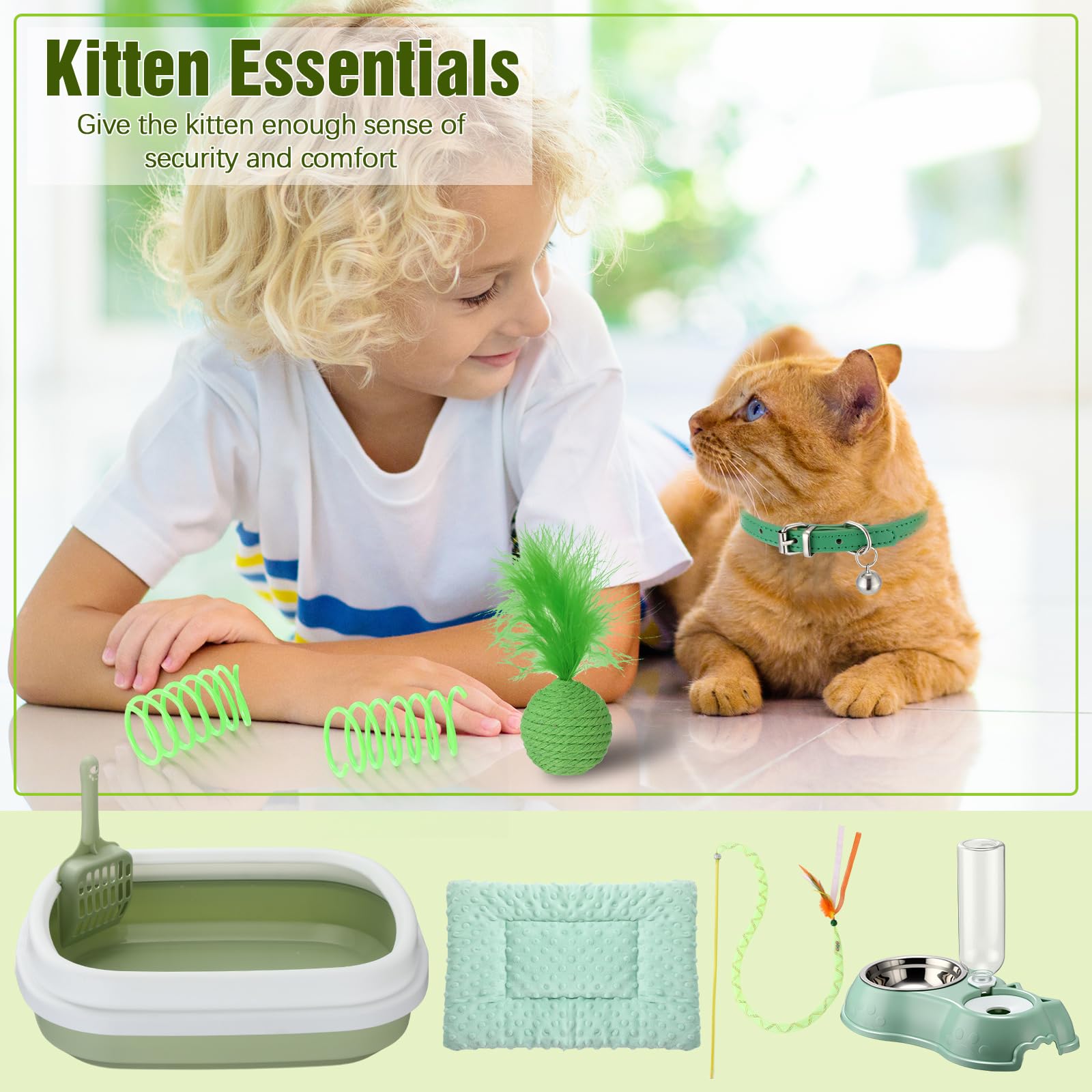 Eccliy Kitten Starter Kit, 10 Pcs Cat Starter Kit for Indoor Cats Kitten Essentials Includes Litter Box, Pet Toy, Folding Carrier, Climbing Frame, Mat, Collar, Automatic Food Bow(Classic,Green)