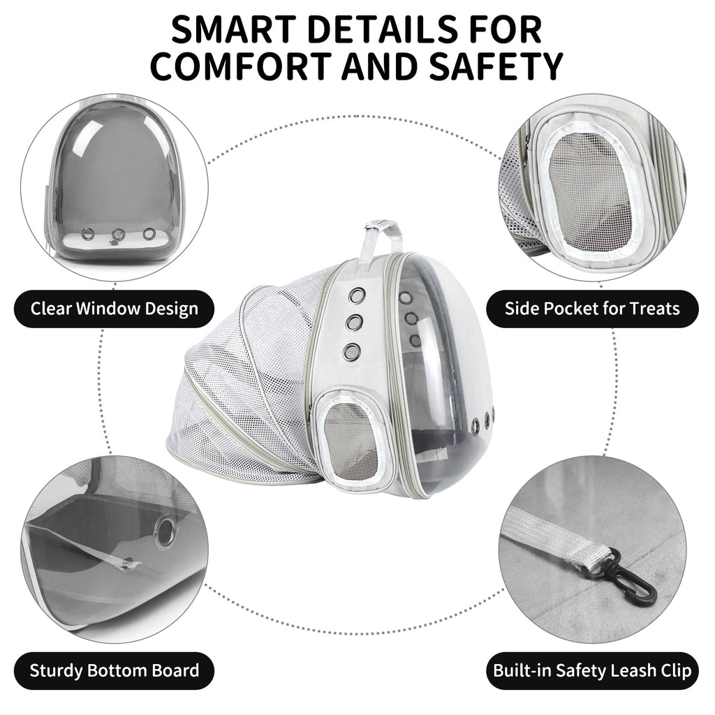 PETSWEET Cat Backpack Carrier, Back Expandable Pet Backpack with Bubble Window, Airline Approved Pet Travel Bag for Small/Medium Cats & Puppies, Hiking, Camping, Outdoor Use (Grey)