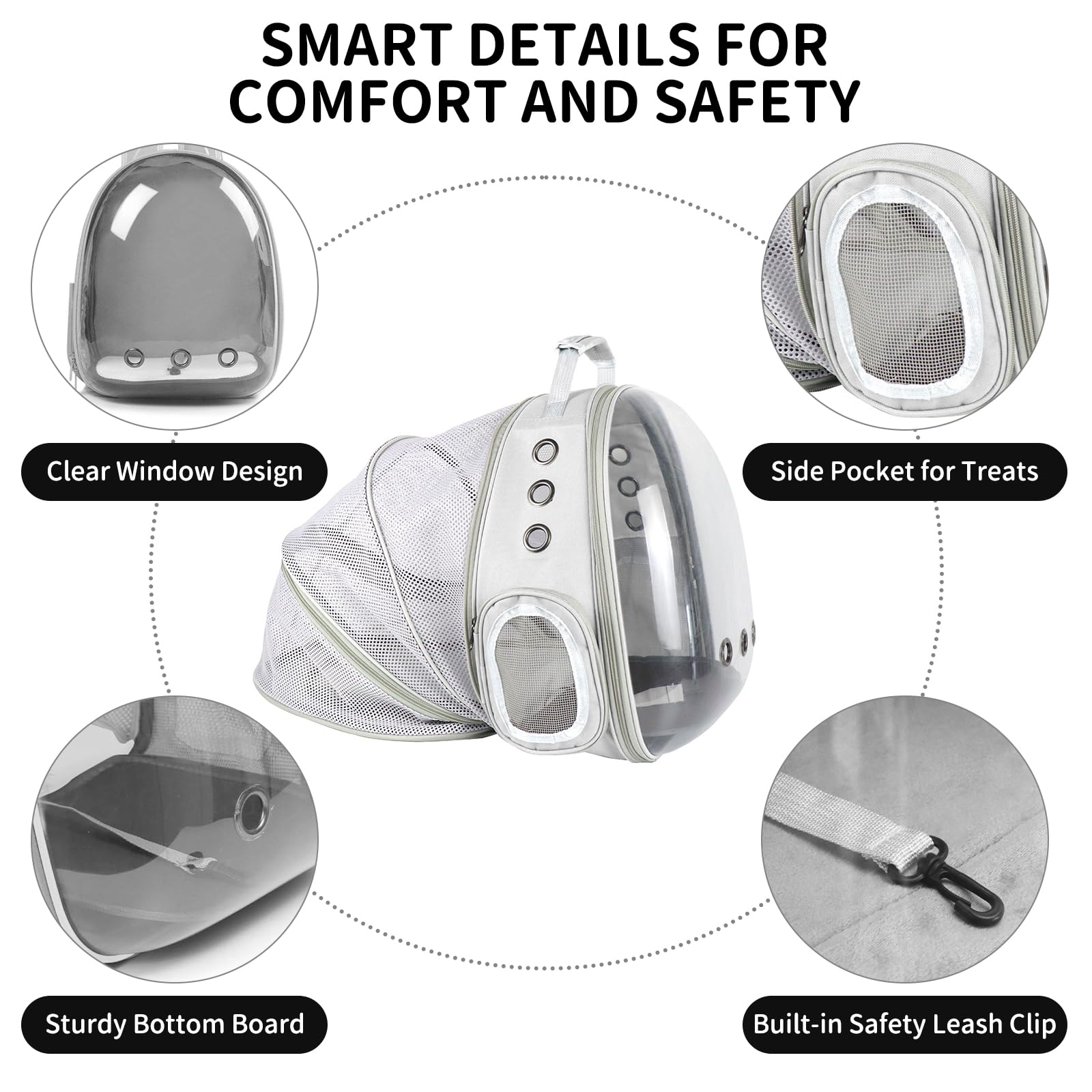 PETSWEET Cat Backpack Carrier, Back Expandable Pet Backpack with Bubble Window, Airline Approved Pet Travel Bag for Small/Medium Cats & Puppies, Hiking, Camping, Outdoor Use (Grey)