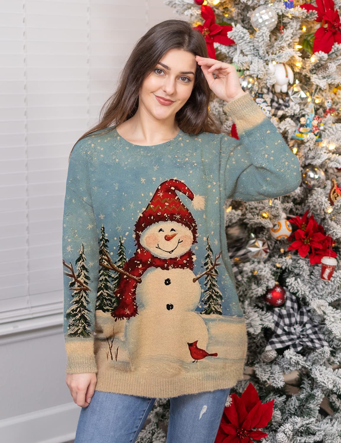 YESNO Women Christmas Sweater Graphic Printed Oversized Pullover Sweaters Casual Loose Knit Tops L S01 CR121