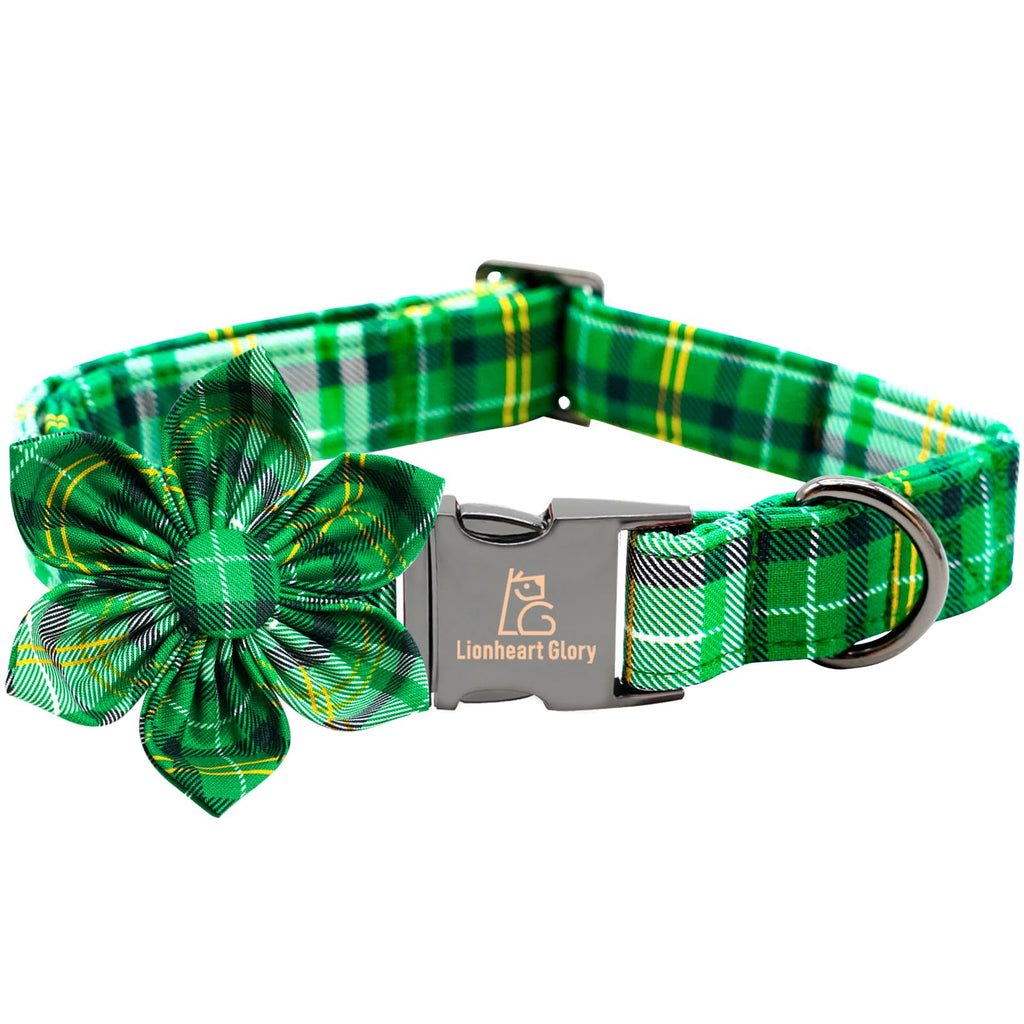 Lionheart glory St. Patrick's Day Dog Collar with Flower Dog Collar for Small Dogs, Green Plaid Cute Collars Spring Dogs Collars Flower Puppy Heavy Duty Cute