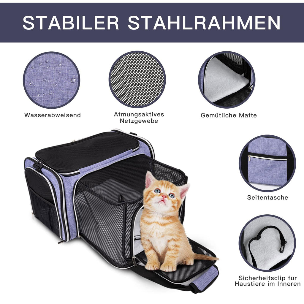 BAGLHER Expandable Cat Carrier with Travel Litter Box, Pet Travel 5 Sides Open Doors 3 Sides, Leak-Proof and Collapsible, for Car, Airplane Trip, Purple